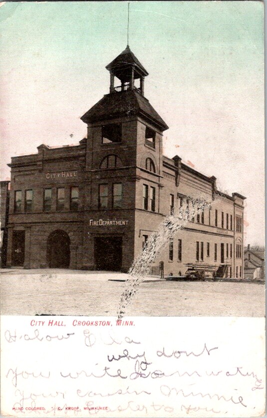Vintage Postcard Fire Department & City Hall Crookston MN Minnesota 1907   E-536