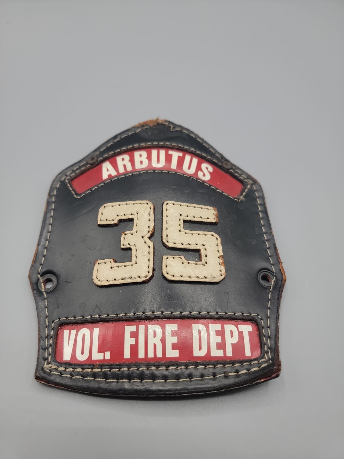 Vintage Firefighter Fireman Fire Helmet Leather Front Shield Arbutus Vol. Dept 