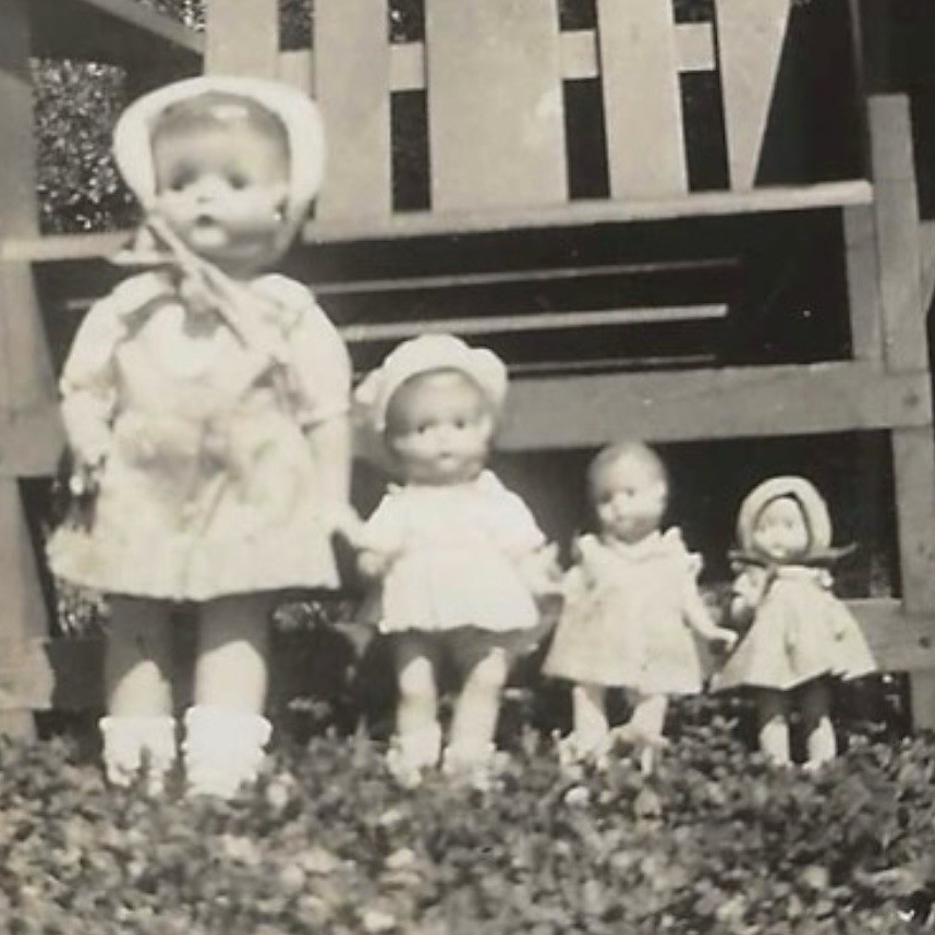 Vintage Snapshot Photo Effanbee Patsy Style Dolls Group Display 1930s Vintage Snapshot Photo Effanbee Patsy Style Dolls Group Display 1930s
