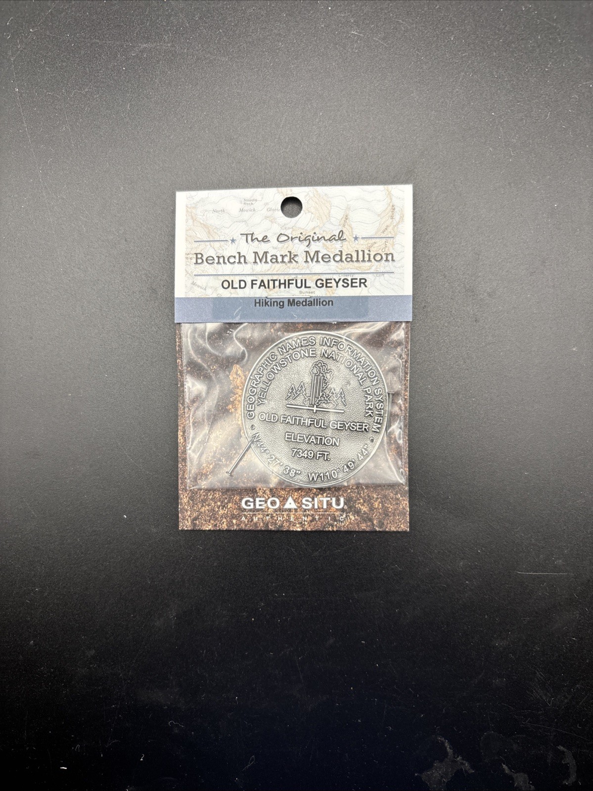 Old Faithul Yellowstone National Park Bench Mark Hiking Stick Medallion