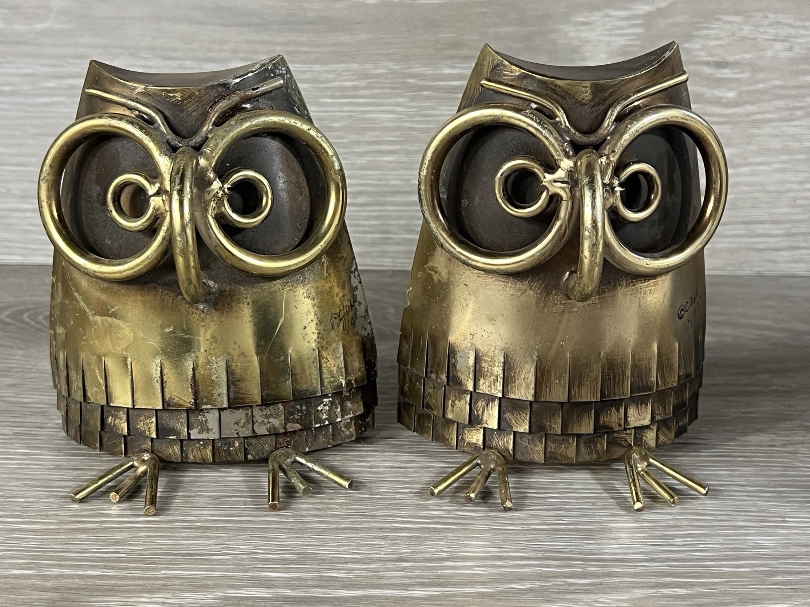 Rare VTG 1977 Curtis Jere Brass Copper Owl Bookend Pair Brutalist Signed Art