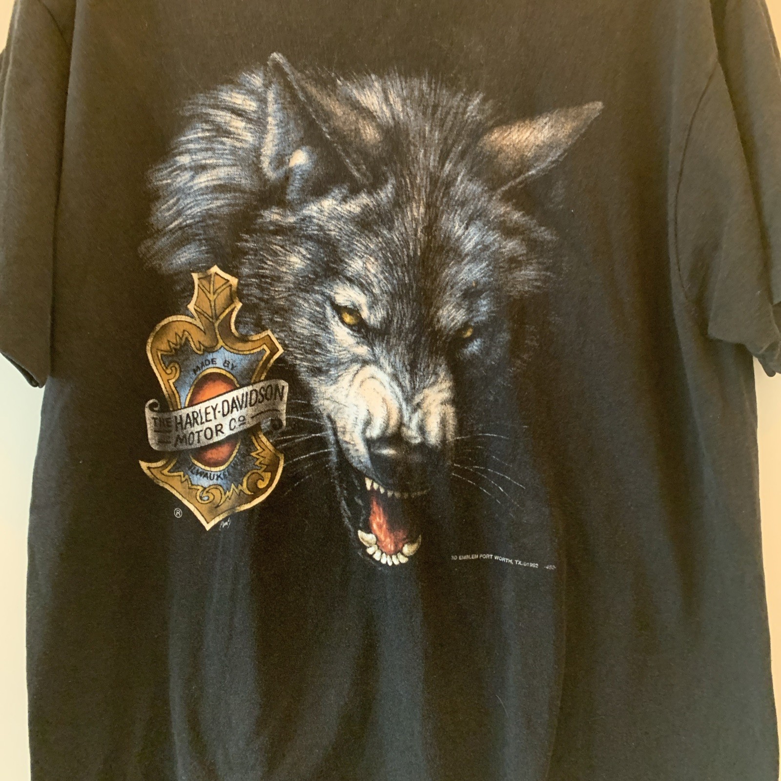 Vtg 3D Emblem Harley Davidson Black T Shirt Wolf Made By Milwaukee Wis. LG 1992