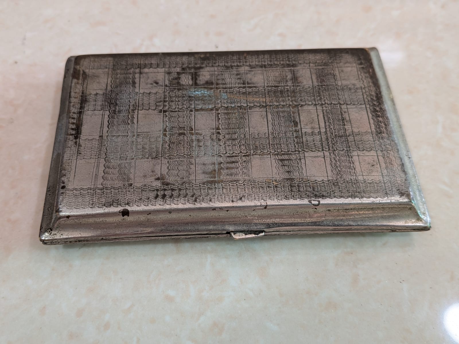 Vintage Old Metal Cigarette Case Etched Plaid Design Pocket Card Holder Box