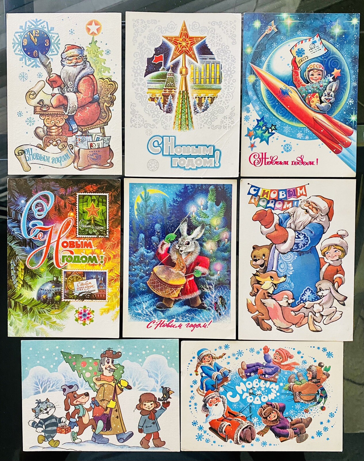 VINTAGE USSR 8 POSTCARDS NEW YEAR 70s & 80s SOVIET COMMUNIST RUSSIA GREETING