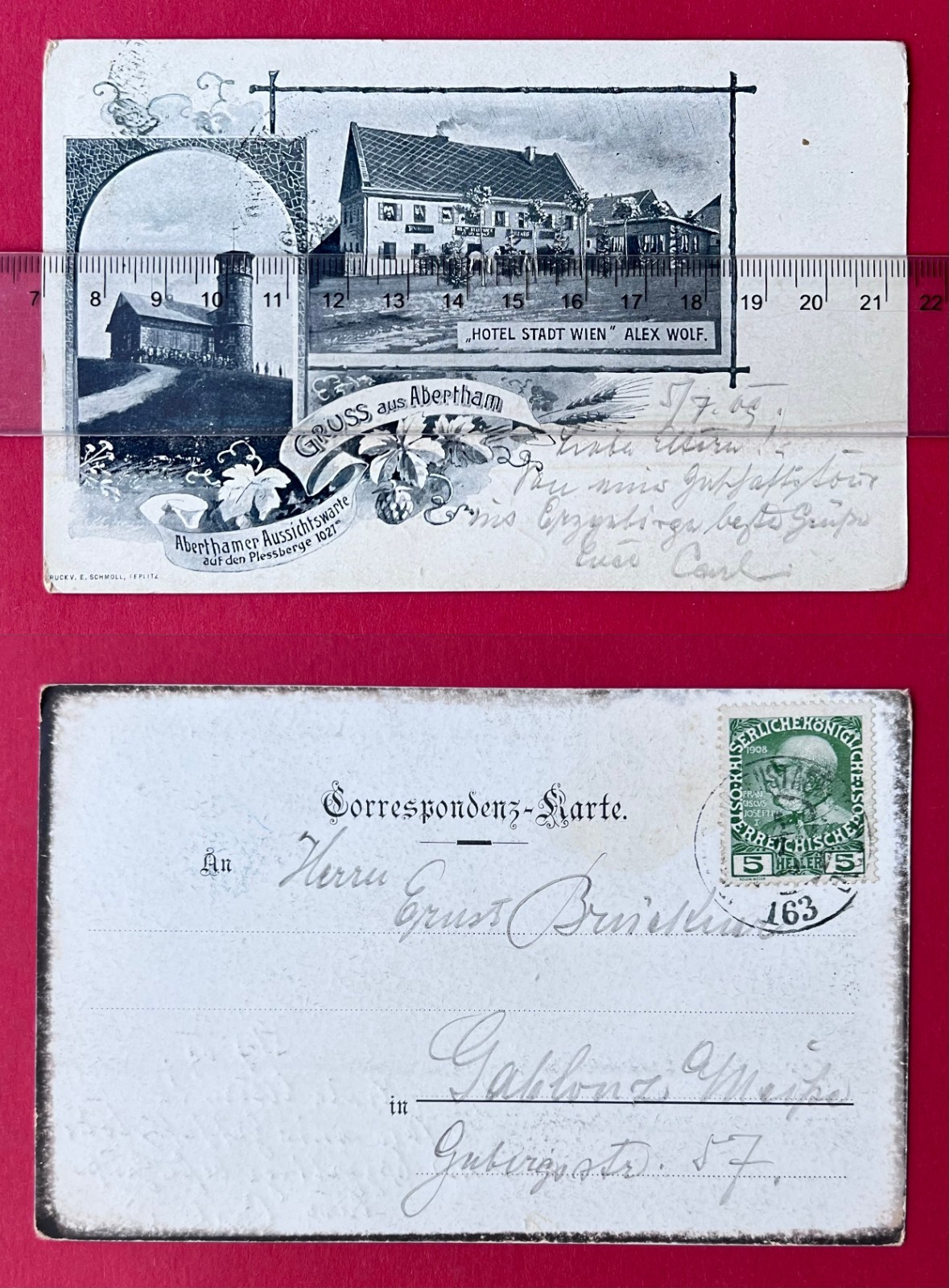 Postcard Abertham in Bohemia 1909 Hotel City of Vienna Alex Wolf and Observatory (170837