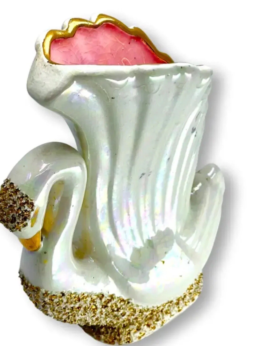 Vtg Swan Vase Planter Gold Glitter Pink Iridescent Luster MCM 60s 6.5\