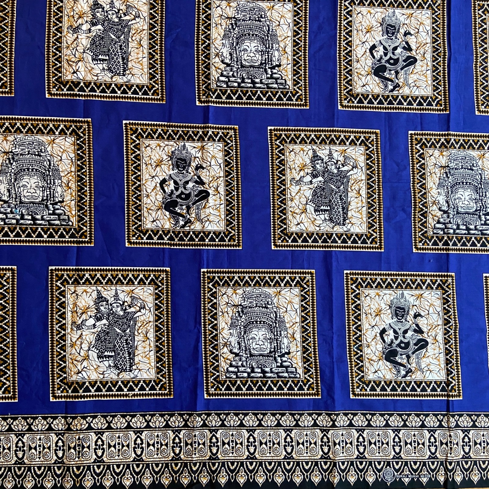 Cambodian Apsara Bayon Face Batik Style Blue Cotton Sarong Fabric 2 Yds x 41\