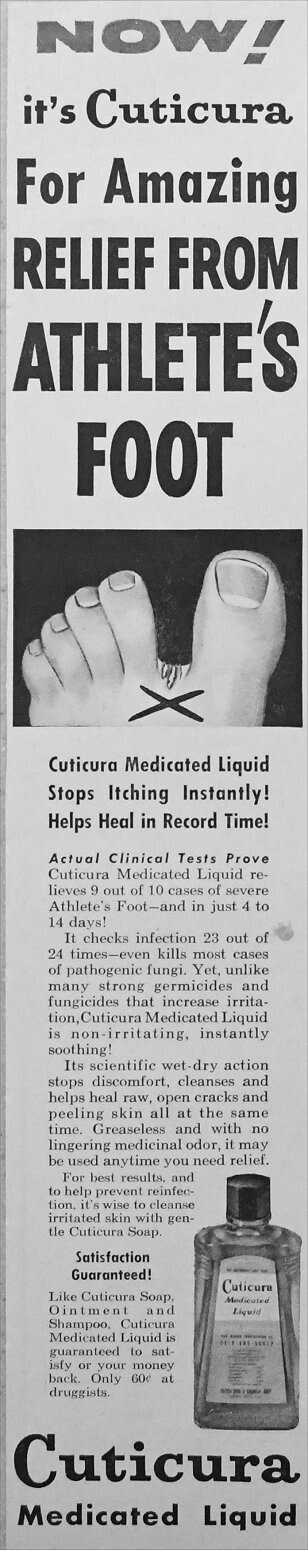 1954 Vintage Magazine Page Ad Cuticura for Athlete’s Foot