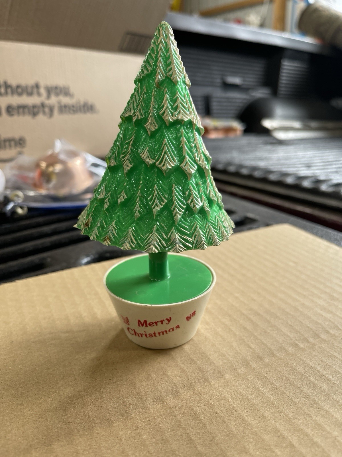 Vintage Plastic Rosbro Christmas Tree  White Candy Container Merry Christmas