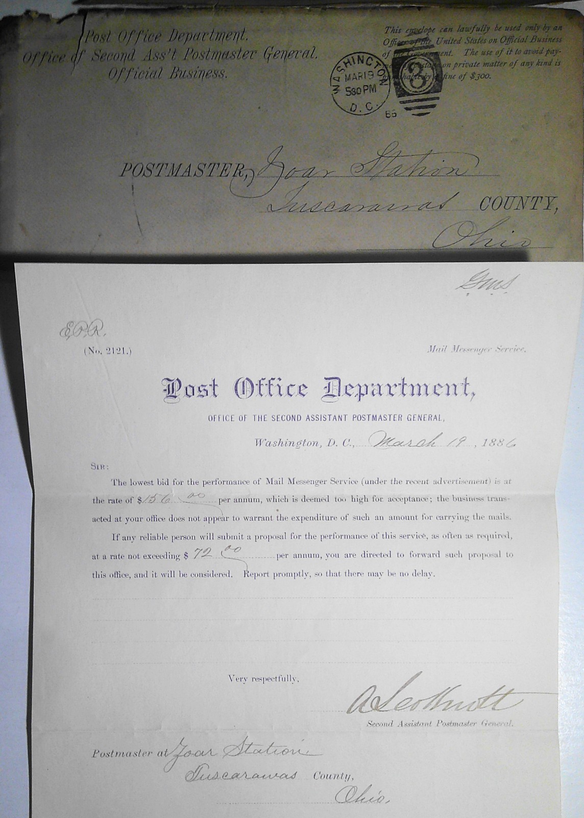 1886 Post Office Department Letter to Zoar Postmaster re. Mail Messenger Service 1886 Post Office Department Letter to Zoar Postmaster re. Mail Messenger Service