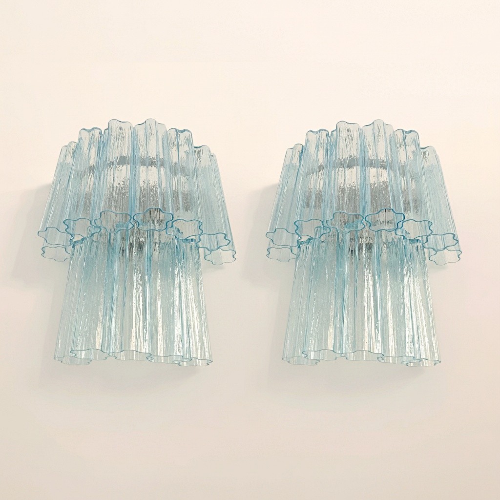 Fantastic pair of Murano Glass Tube wall sconces - 13 blue glass tube