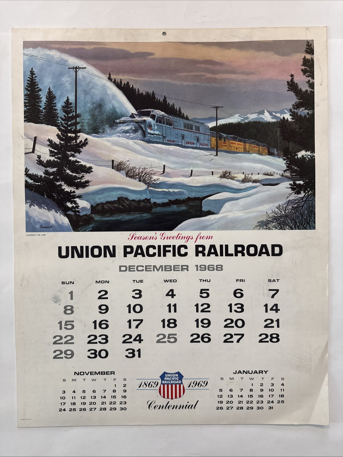 1969 Union Pacific Railroad Calendar Centennial Year 1869-1969 18.75” x 24” HUGE