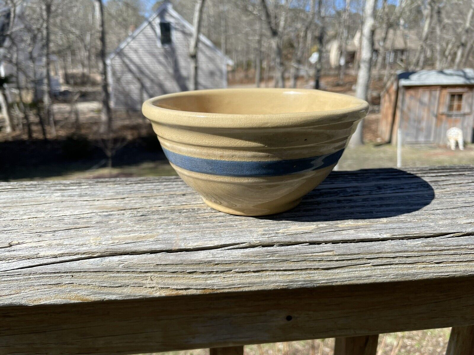 Antique Yellow Ware Pottery Stoneware Mixing Bowl With Blue Stripe 6\