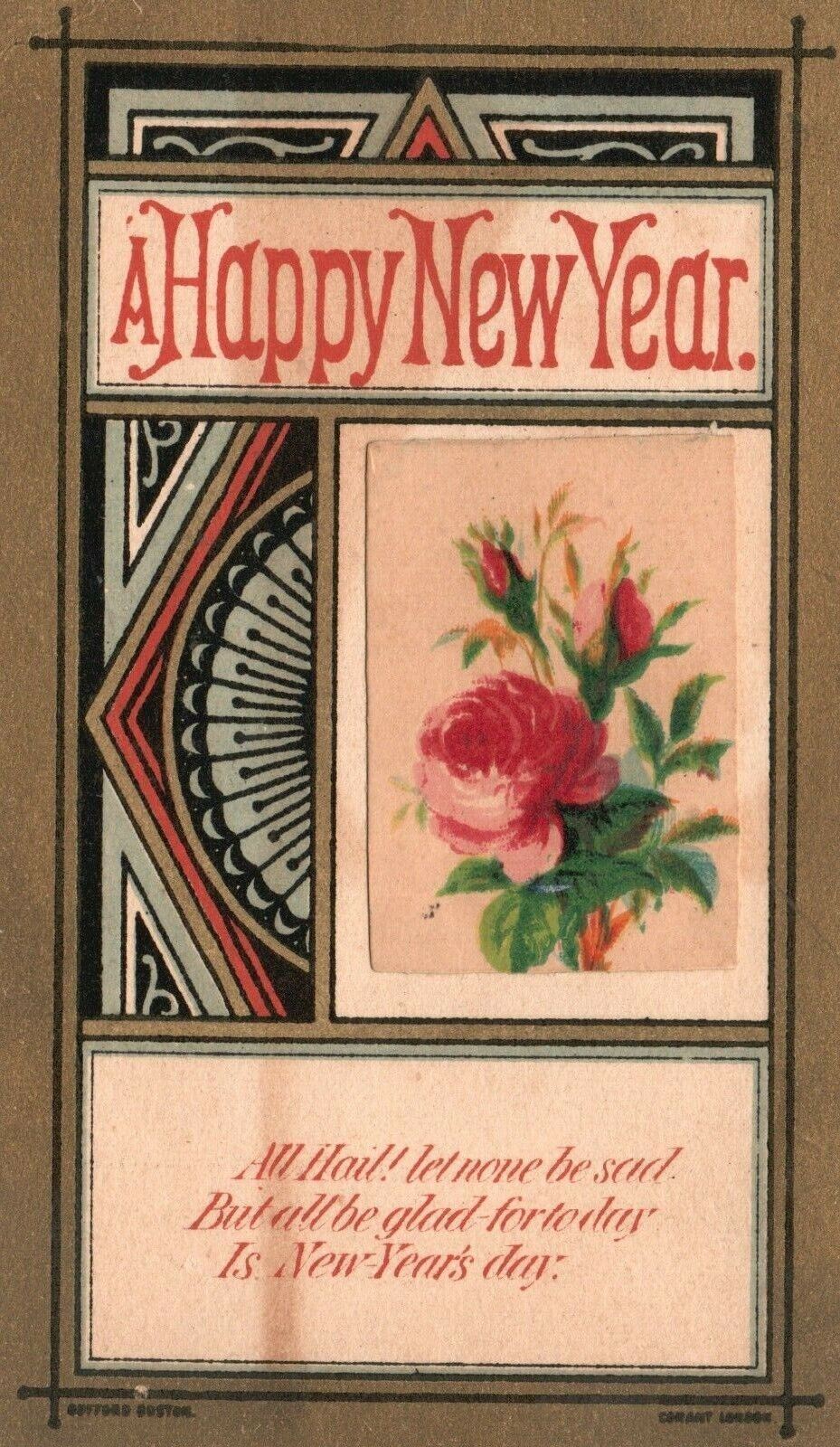 1880s-90s A Happy New Year Pink Rose Flower Trade Card