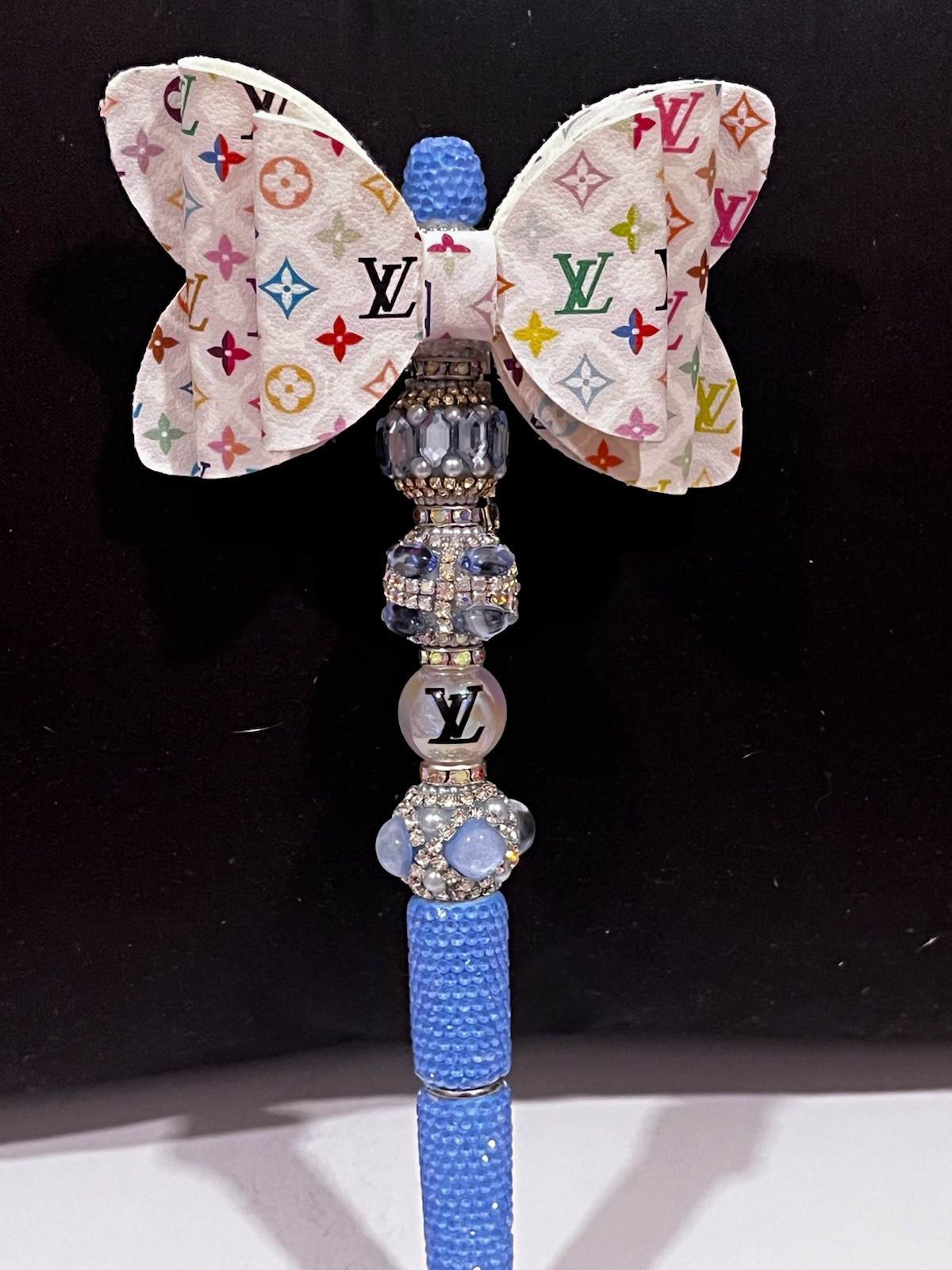 Custom designed Louie Vuitton LV Monogram leather Bow focal fancy beaded pen