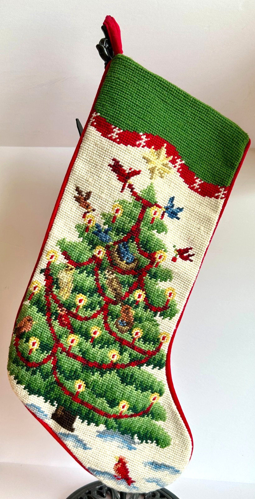 VTG Lands' End Fir Tree Needlepoint Christmas Stocking Wool/Cotton 17.5in
