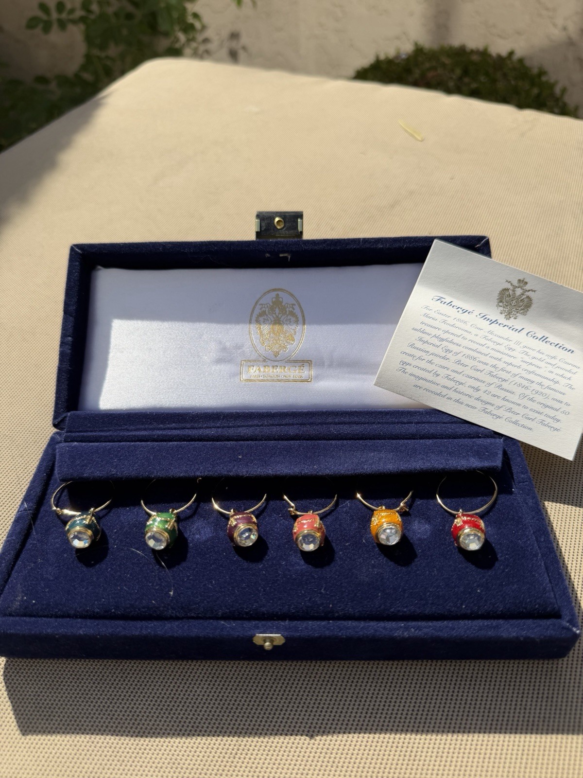Faberge Set Of 6 Imperial Collection Egg Wine Glass Charms Multi-Color W/og Box