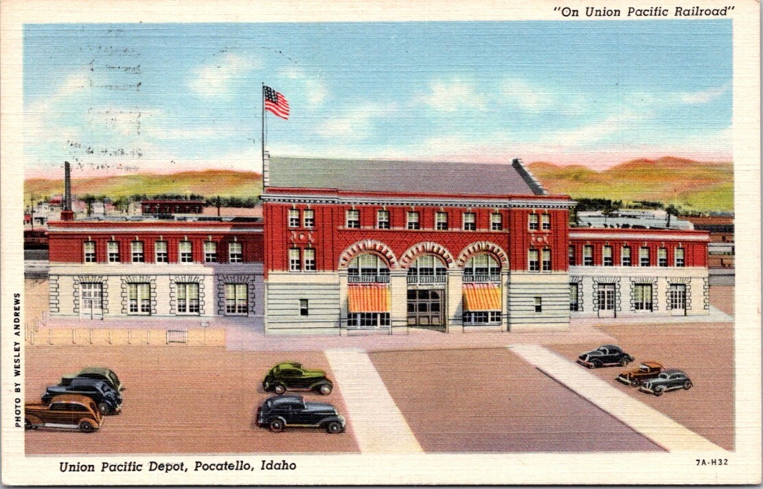Pocatello ID Union Pacific Railroad Depot 1937 Linen Wesley Andrews postcard JP7