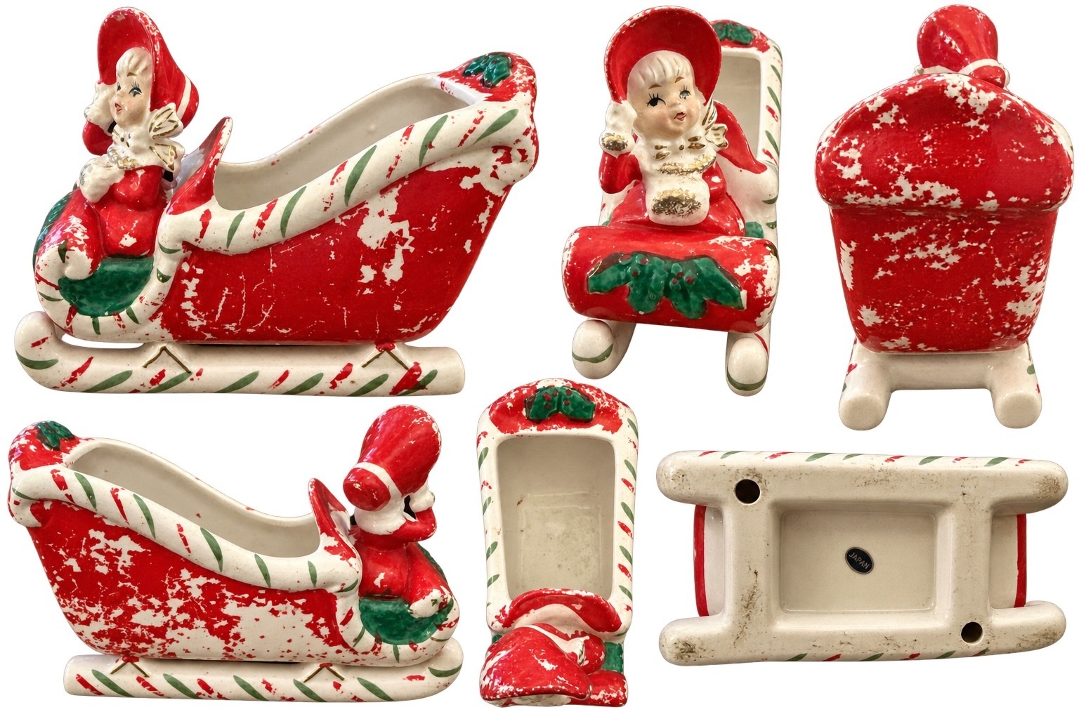 Vintage Japan Christmas Girl Sleigh Planter Mid Century Ceramic Holiday Decor
