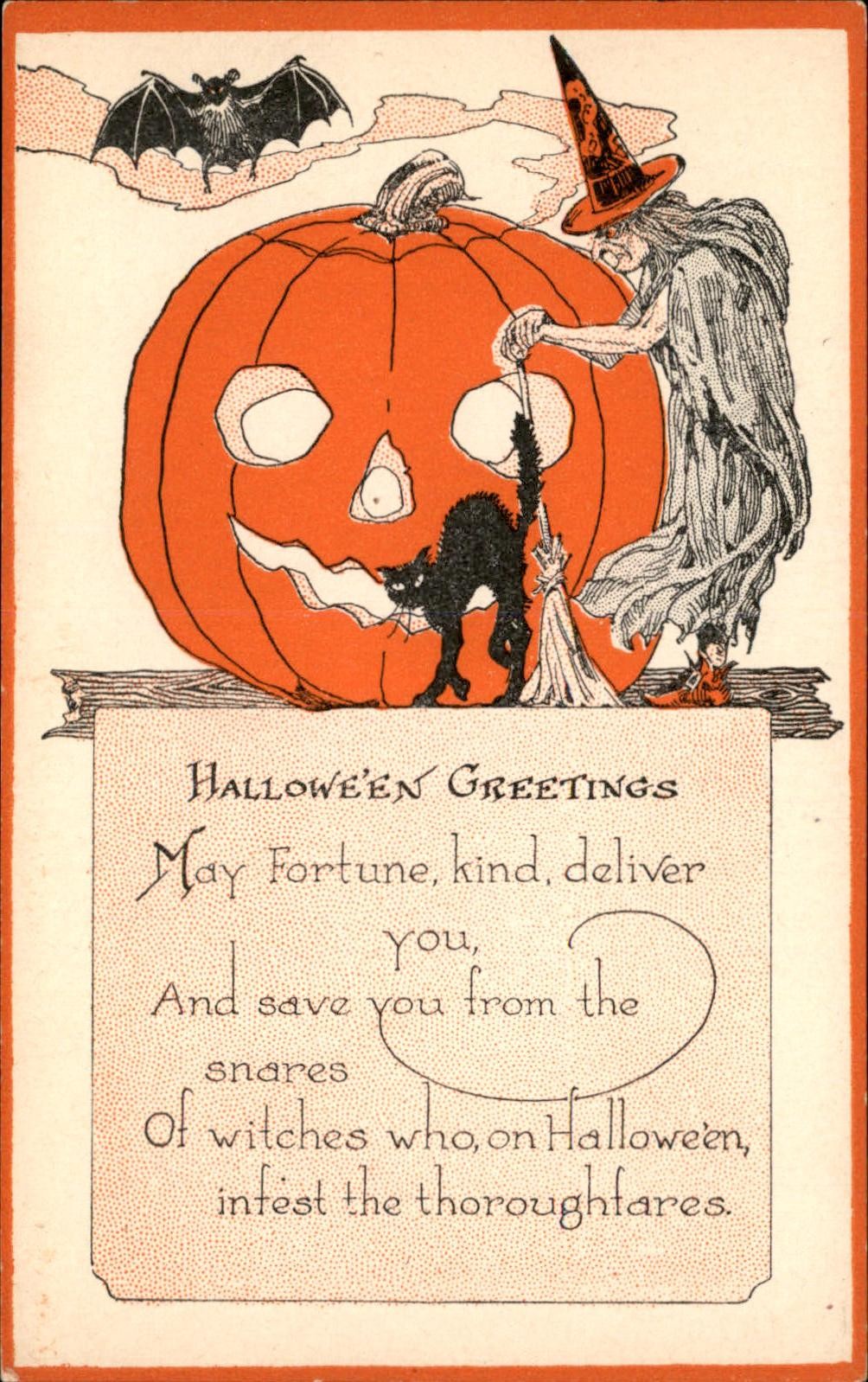 Halloween witch and jack-o'-lantern c1910s RARE CARD Publisher? Postcard bhn
