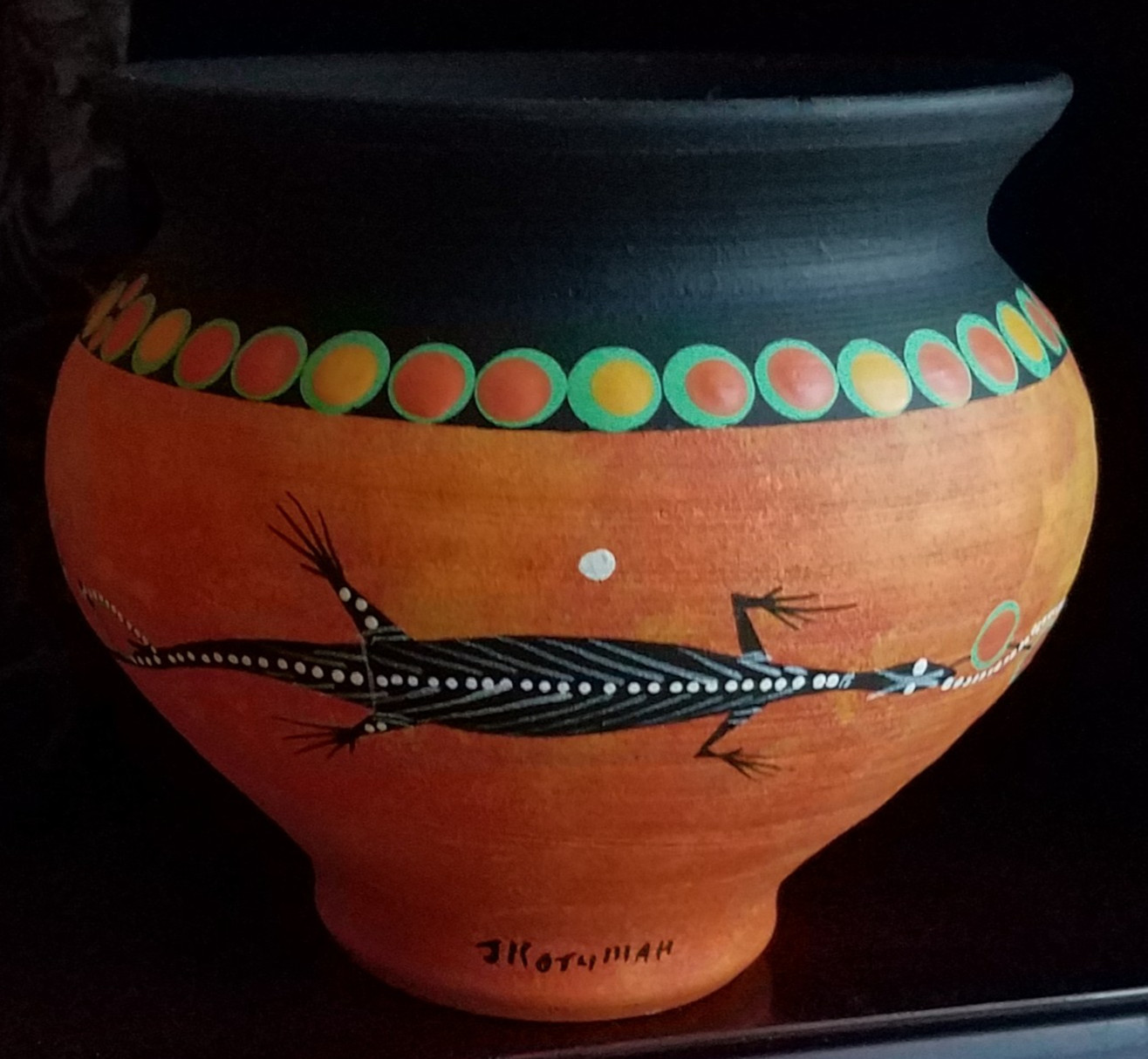 Signed Rotumah Australia Aboriginal Pottery Lizard & Sunset Orange Clay Pot