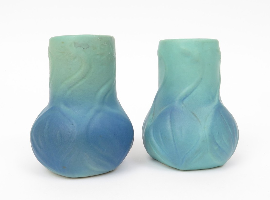 Artus Van Briggle Pair of Onion Bulb Ceramic Blue Green Vases 4.5