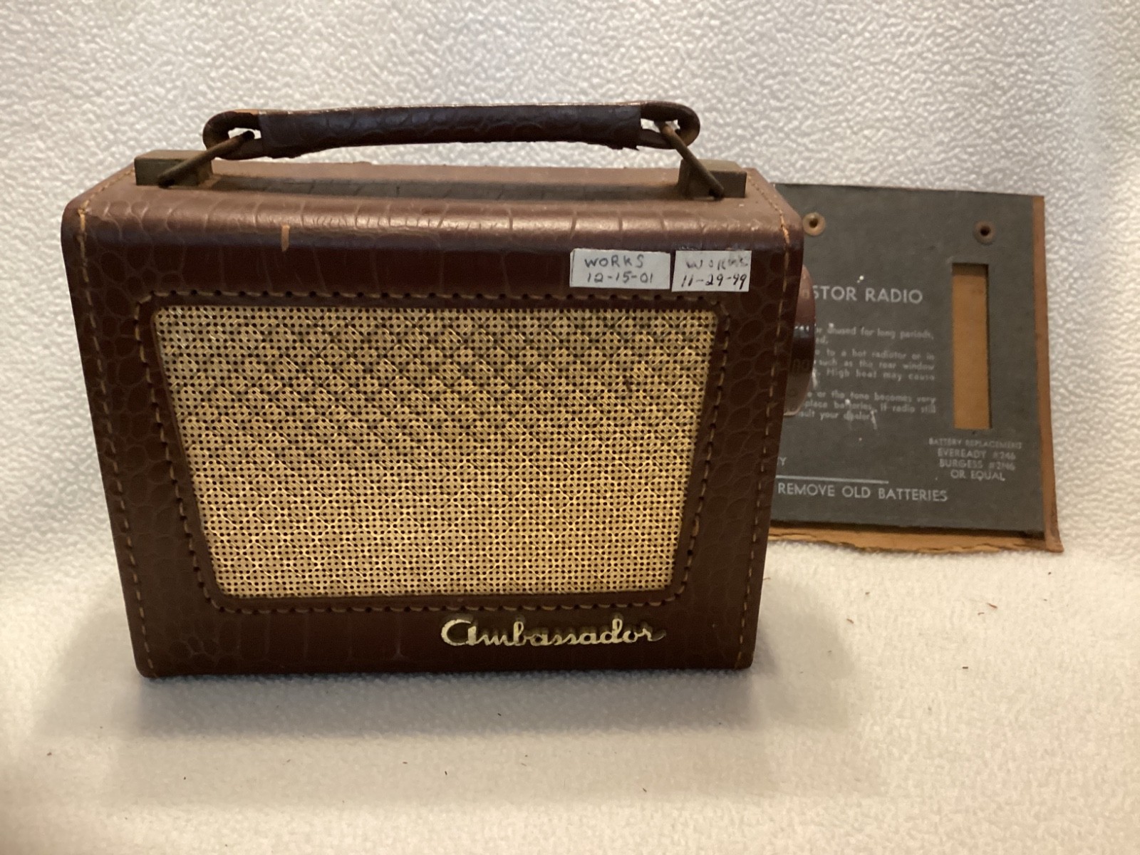 Vintage Ambassador All Transistor Radio ~ Leather w/handle ~ WORKS Back detached Vintage Ambassador All Transistor Radio ~ Leather w/handle ~ WORKS Back detached