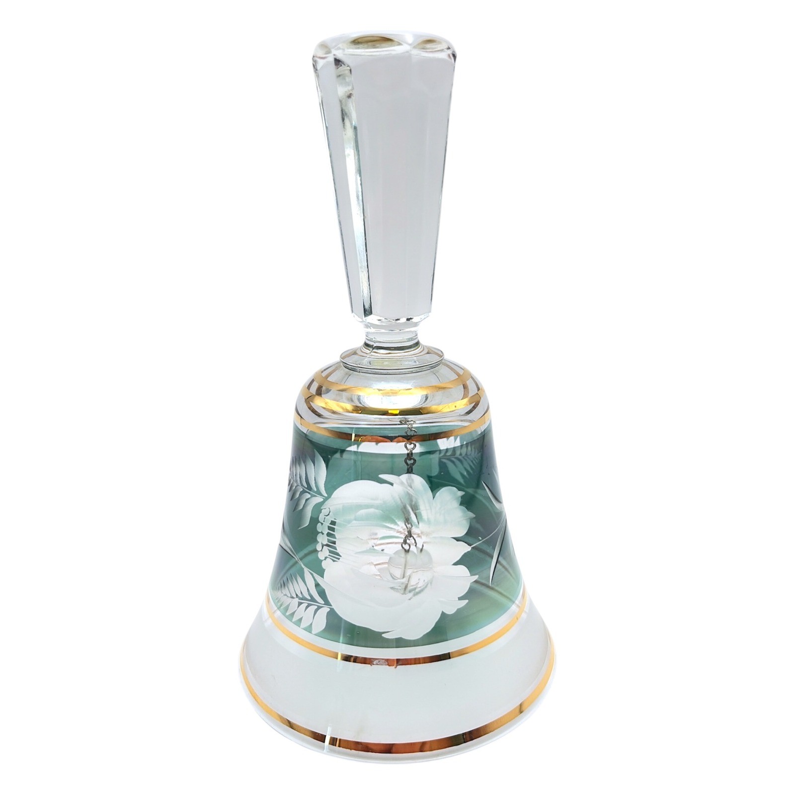 Vintage Green Gold Etched Bohemian Czechoslovakian Glass Bell Hand Bell Floral