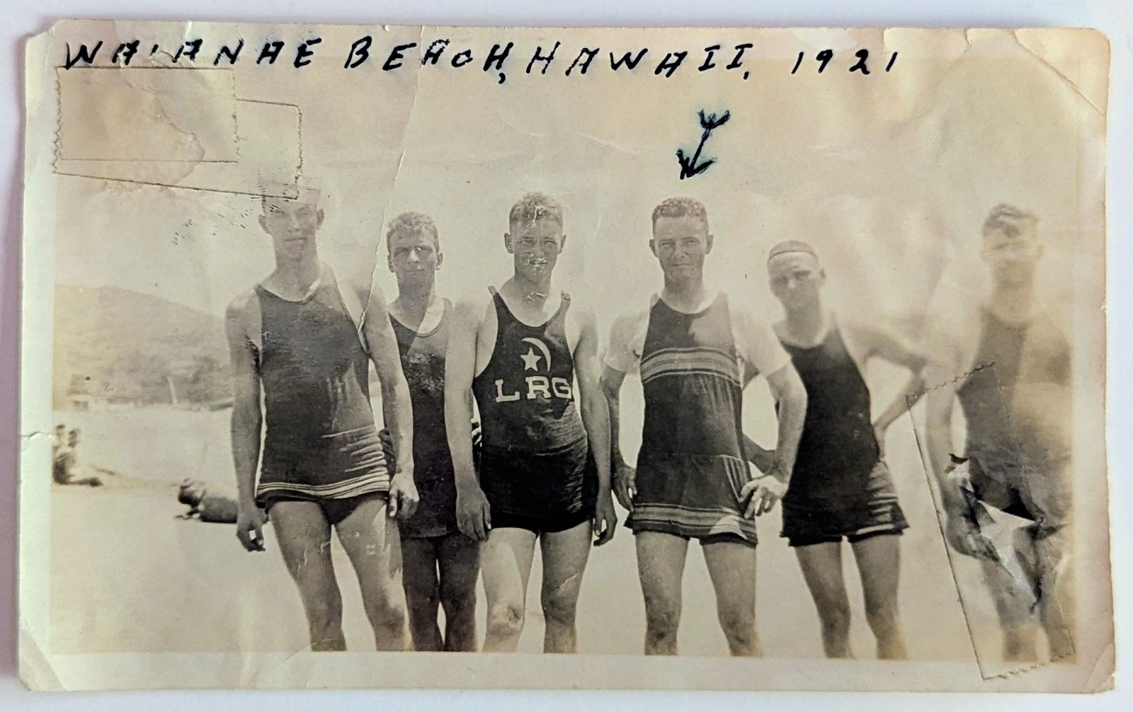 ​​​​​1921 Waianae Beach Hawaii Vtg RPPC Photo Men In Tank Bathing Suits LRG Star
