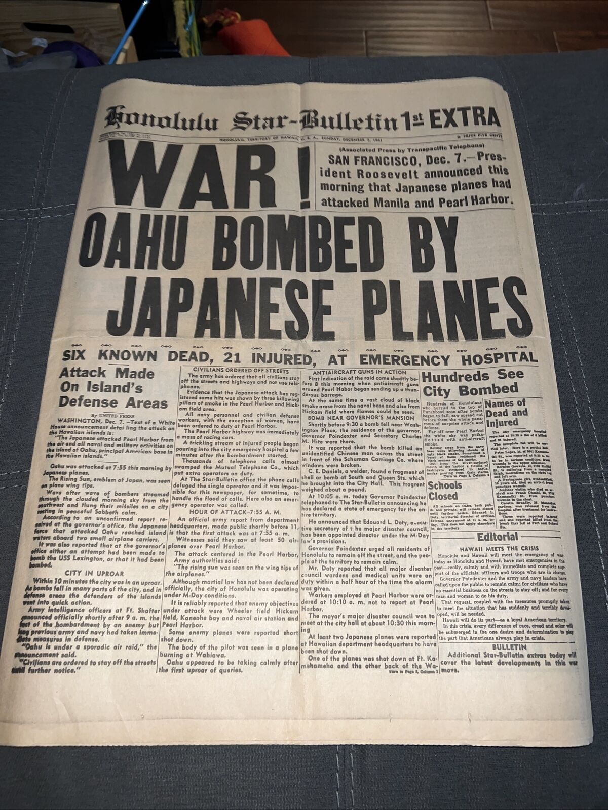 Dec. 7, 1941 Honolulu Star Bulletin: War: Oahu Bombed By Japanese Planes: WWII