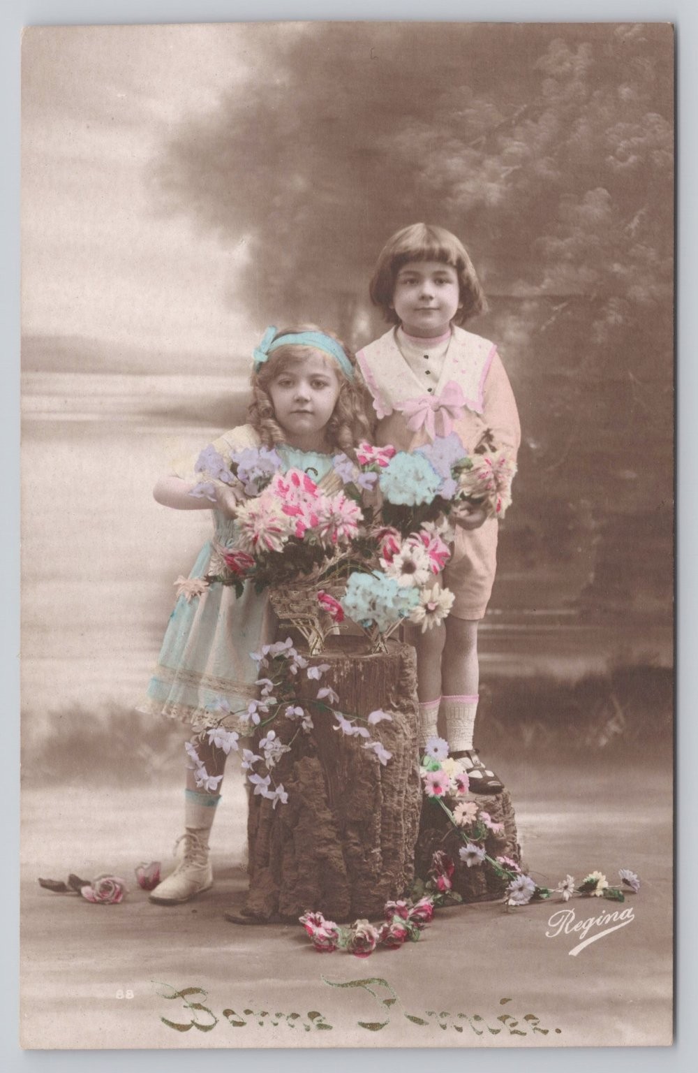 Vintage 1933 Gentilly PQ Hand Tinted RPPC Children Bonne Année Postcard