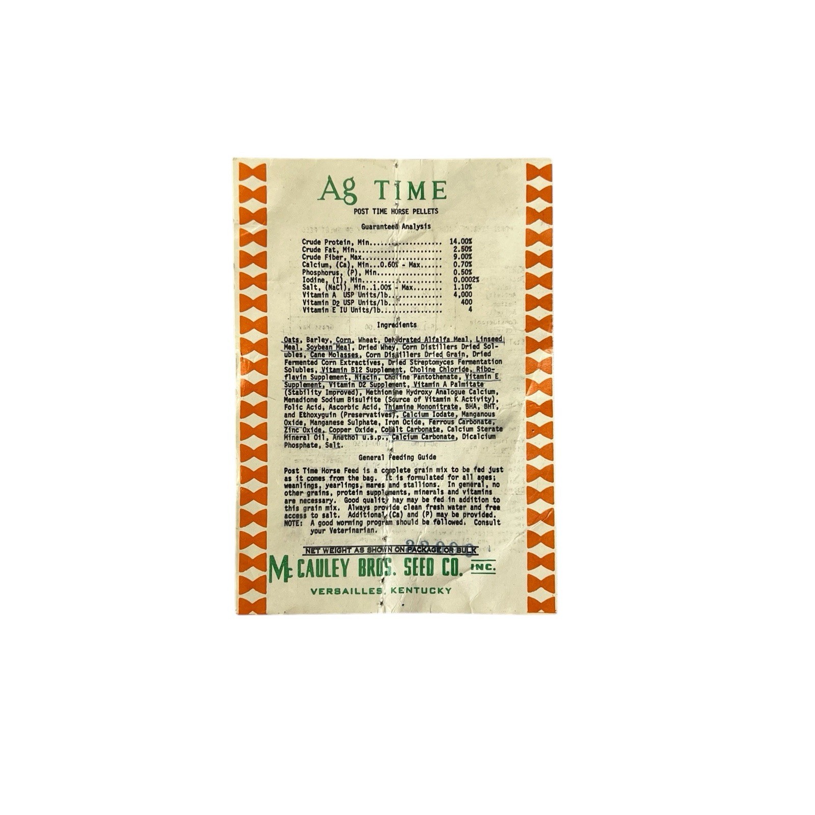 Vintage Ag Time Post Time Horse Pellets Tag McCauley Bros Versailles KY