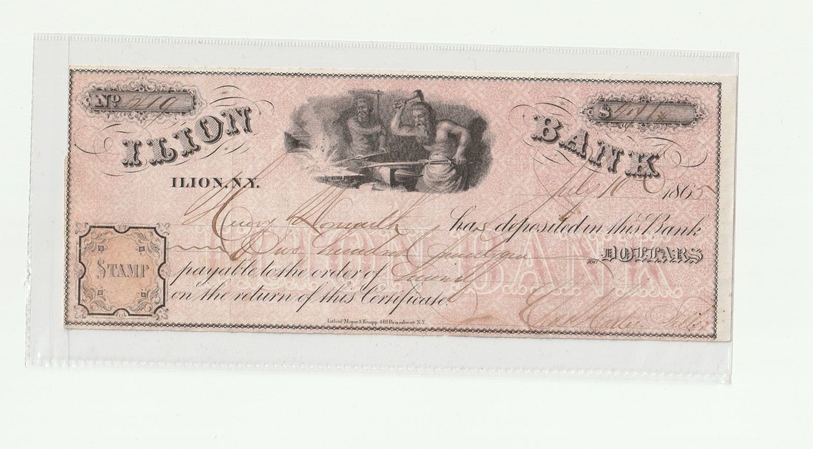 1865 Ilion Bank - New York - Check Letter Head Bill
