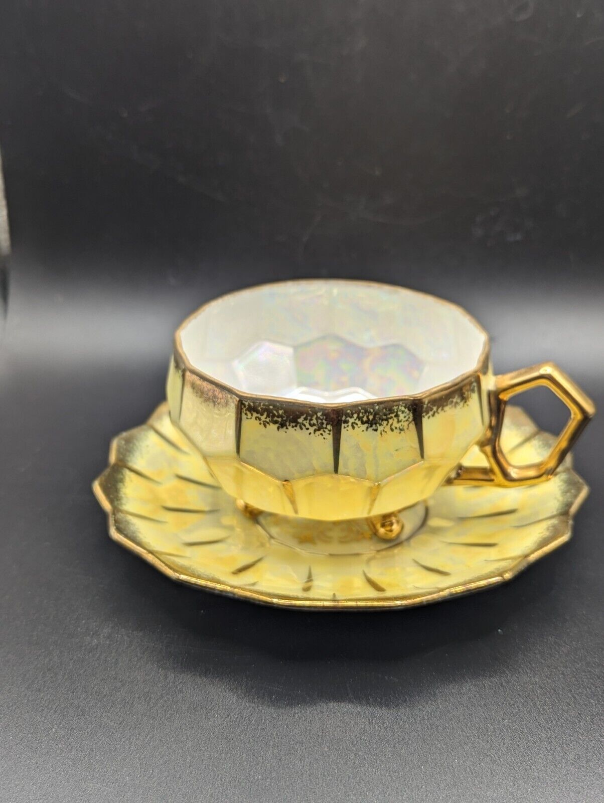 VTG Royal Sealy Japan Teacup & Saucer Yellow Iridescent Gold Trim 3-Footed