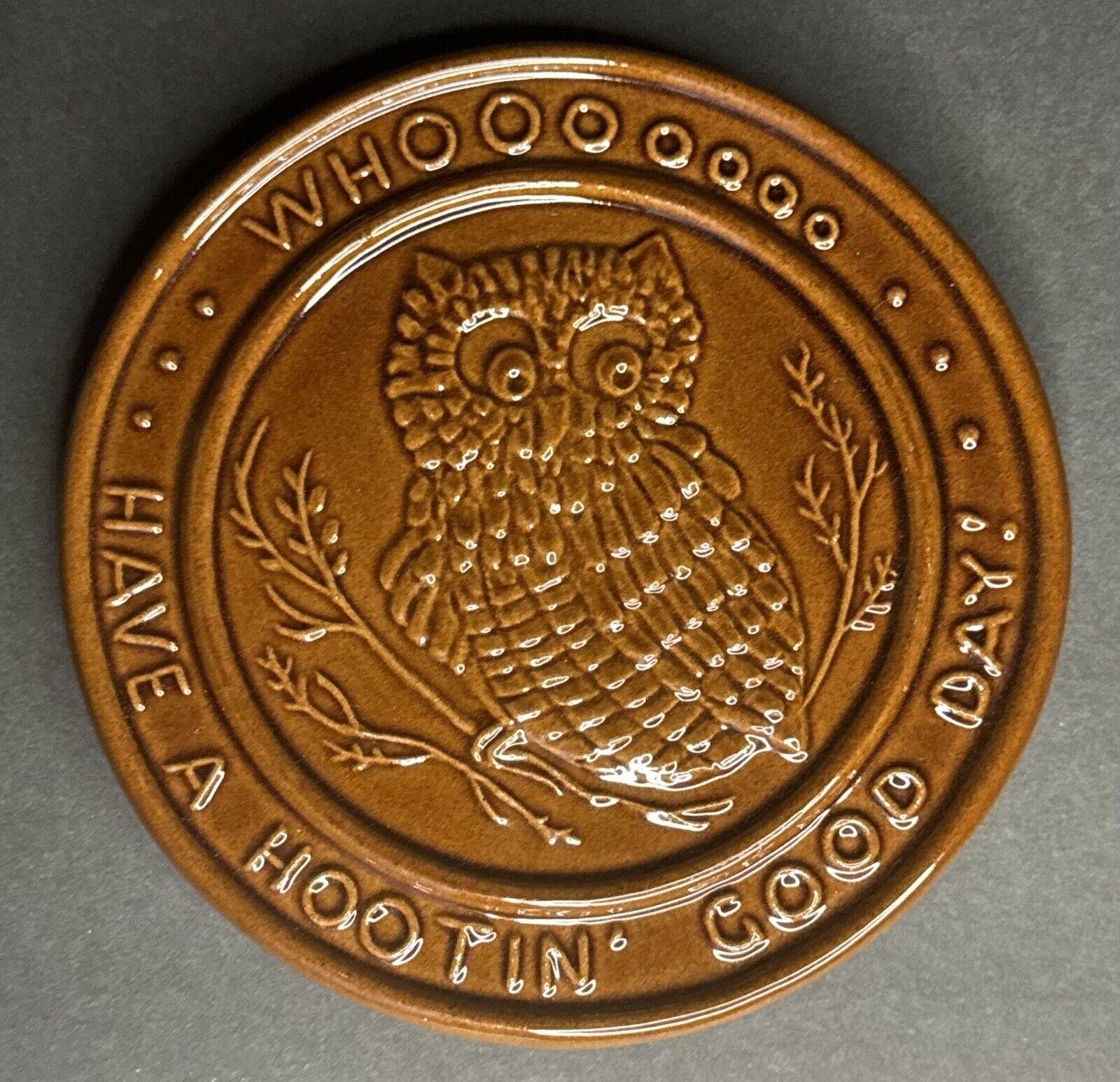 Frankoma Round Owl Trivet Whooo Have a Hootin Good Day 6