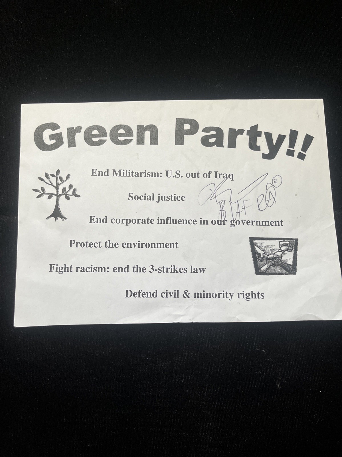 RARE Jello Biafra Green Party Leaflet Autograph signed in person Dead Kennedys