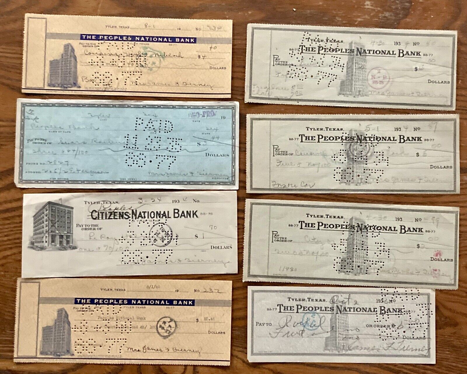 Vintage The Peoples National Bank of Tyler Texas  Lot of 8 Checks 1934 - 1940