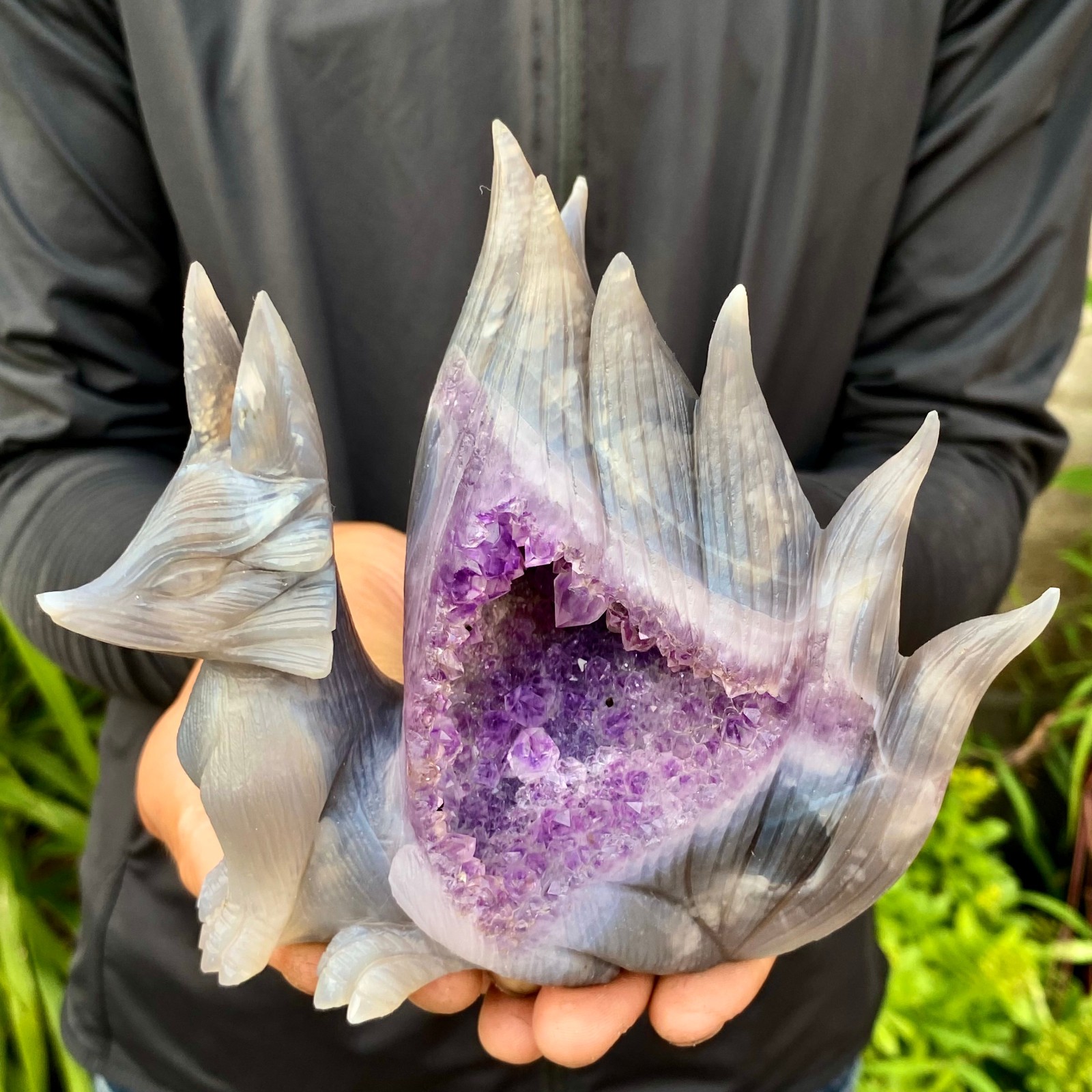 1.71LB Natural Agate Geode Hand Carved Nine-tailed Fox Quartz Crystal Decor
