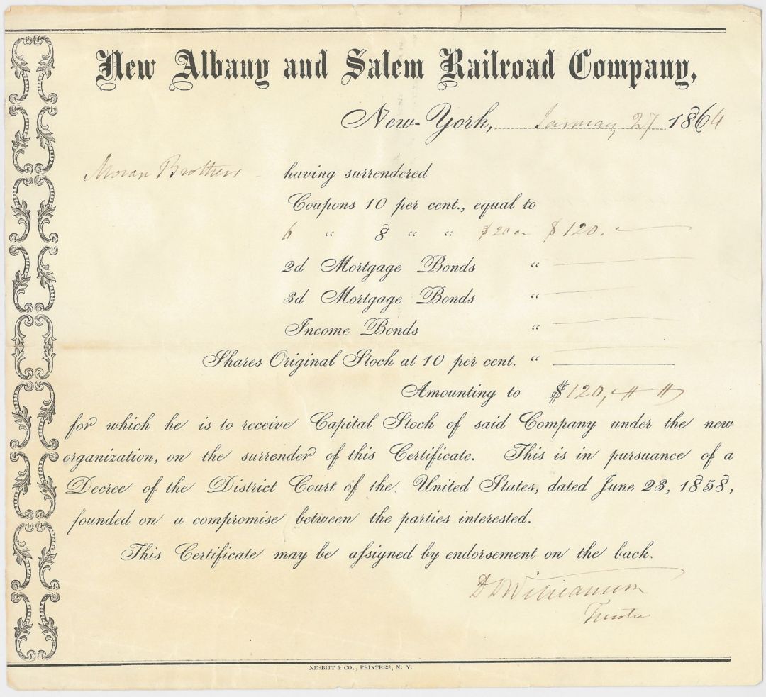 New Albany and Salem Railroad Co. - 1858-1860 dated Railway Bond - Various Denom