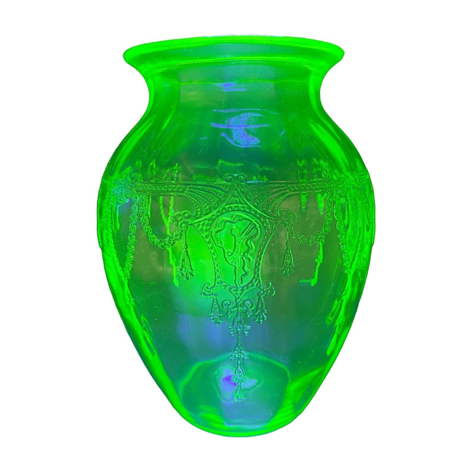 Vintage Anchor Hocking Cameo Ballerina Green Uranium Depression Glass Vase Glows