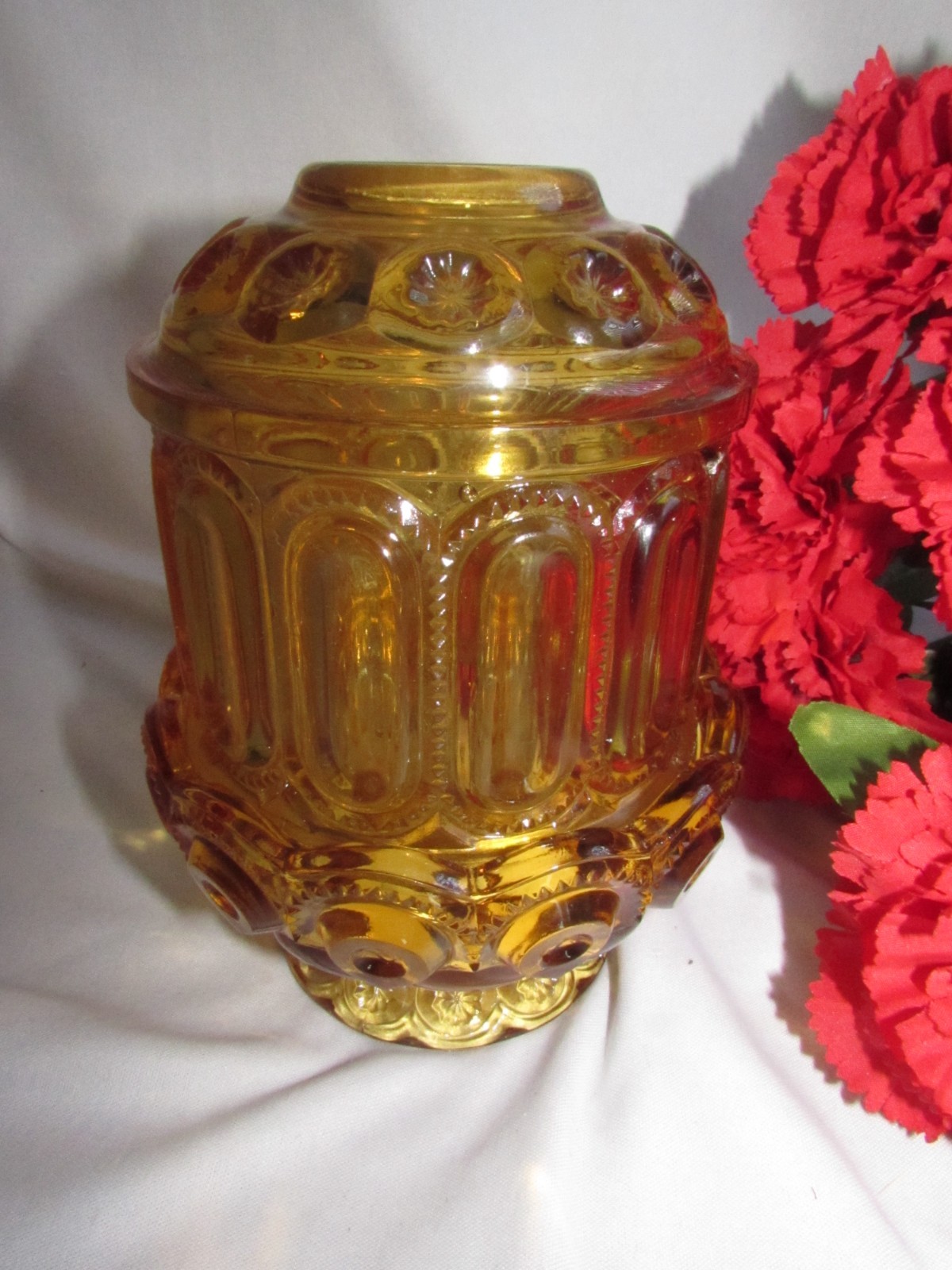 VINTAGE L.E. SMITH AMBER GLASS MOON & STARS FAIRY LAMP 6 1/4\
