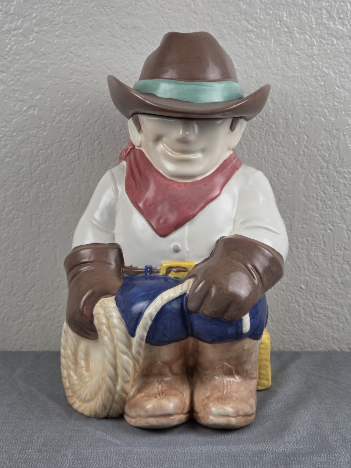 Vintage 90s Treasure Craft Cowboy Cookie Jar Ceramic Western Lasso Hat Lid 14.5\