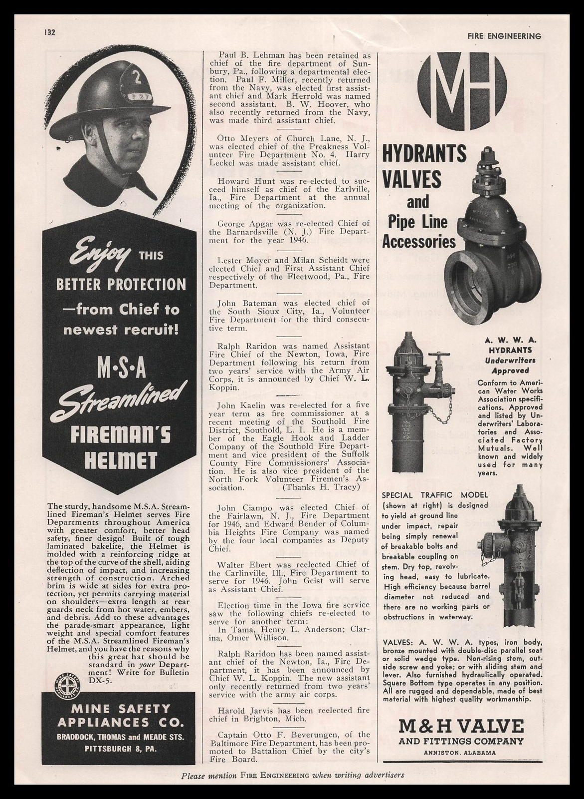 1946 Mine Safety Appliances Pittsburgh MSA Streamlined Fireman\'s Helmet Print Ad 1946 Mine Safety Appliances Pittsburgh MSA Streamlined Fireman\'s Helmet Print Ad