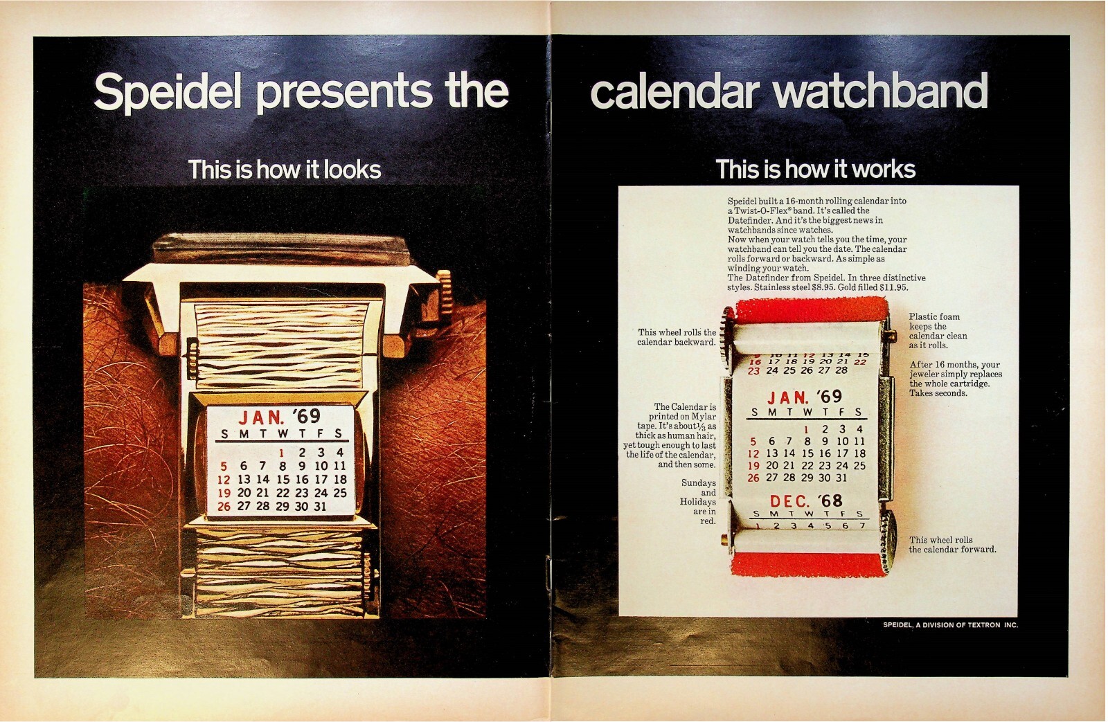 1968 Speidel Built-in Rolling Calendar Watchband 60s 2-Page Print Ad Gold Watch