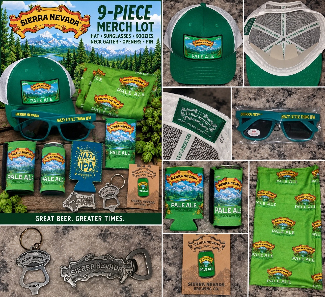 Sierra Nevada Beer Merch Lot Hat Sunglasses Koozies Pin Openers NEW 9pc