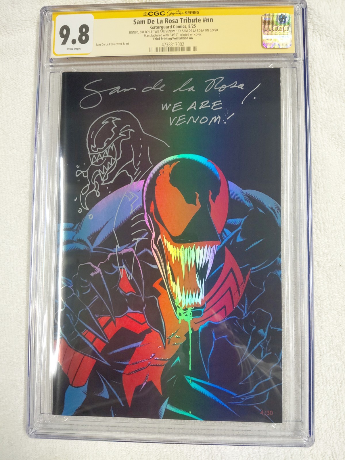 Sam De La Rosa Tribute Foil CGC 9.8 SS Signed Venom Sketch WE ARE VENOM 4/30