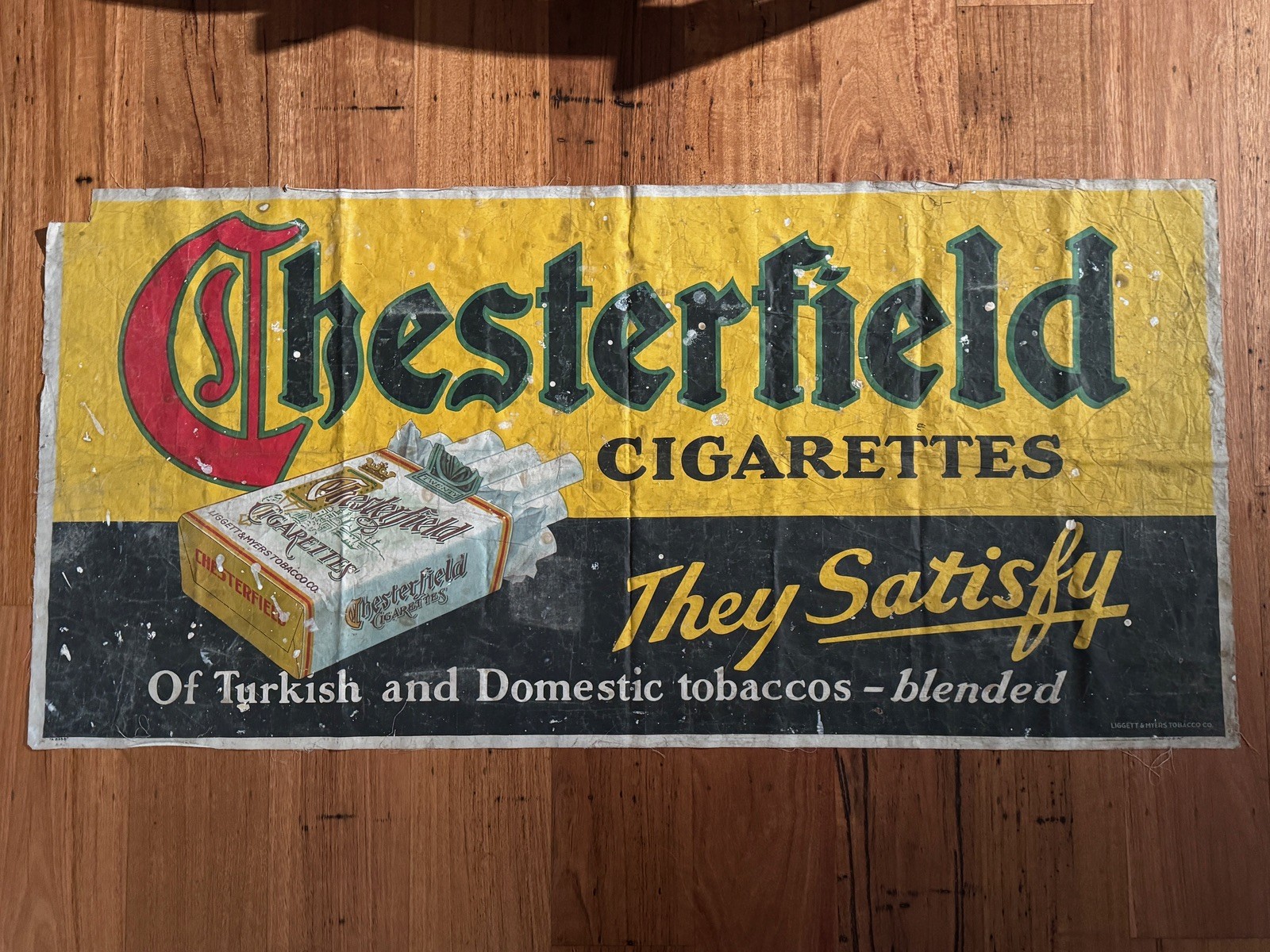 Vintage 1920\'s Liggett Myers CHESTERFIELD Cigarettes Linen Banner Sign USA Litho
