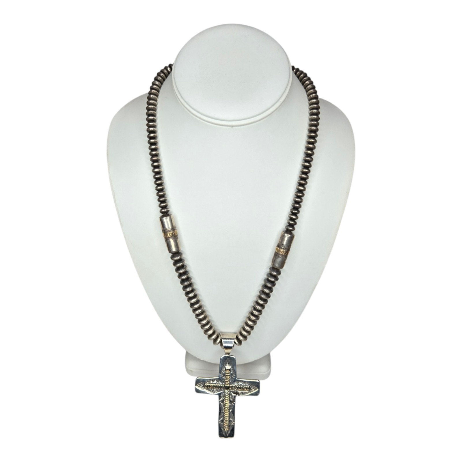 Vintage Marty Monte Necklace Sterling Silver 14kt Gold Cross Navajo Pearl 119g