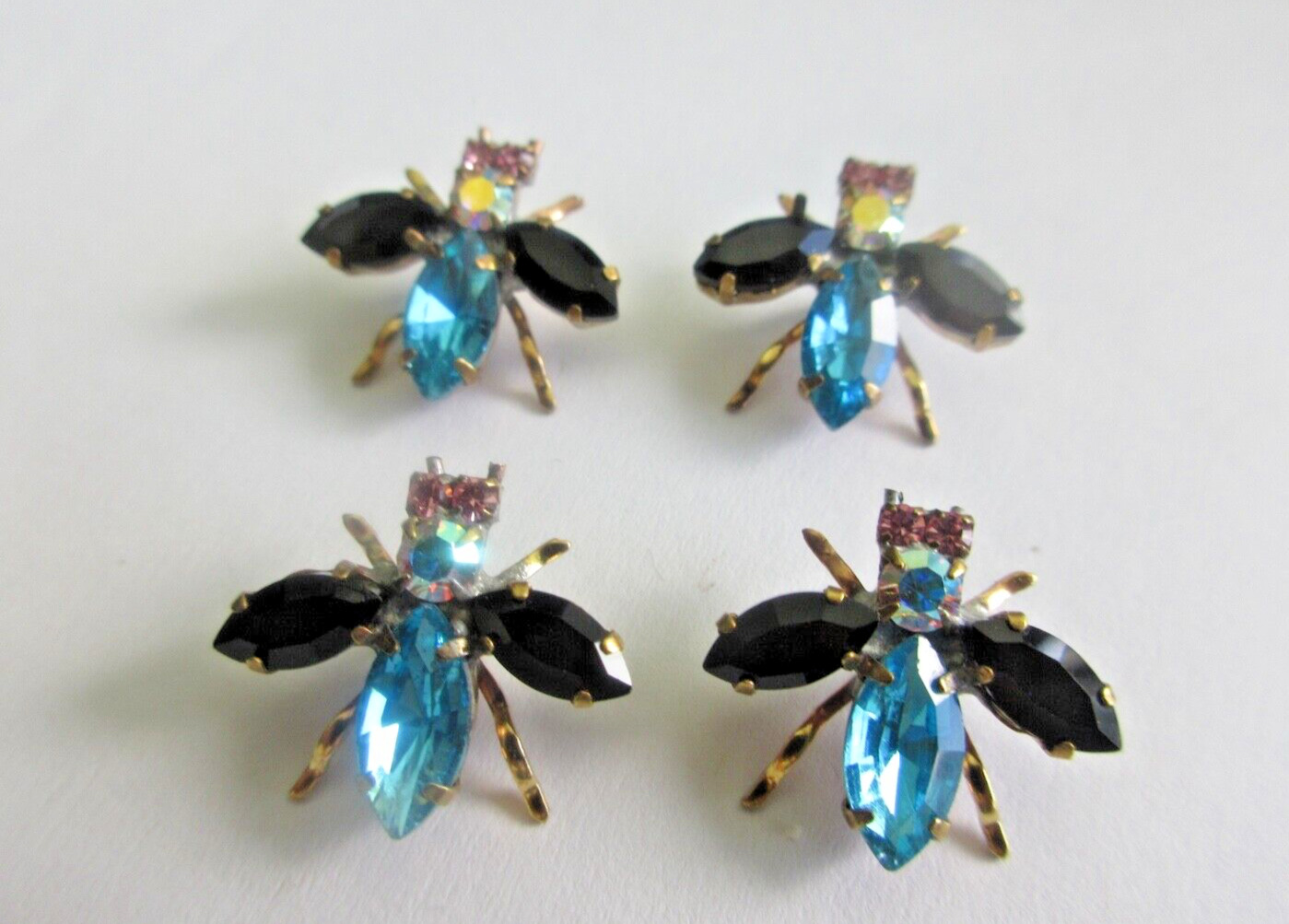 Outstanding Czech Vintage Glass Rhinestone Buttons  Turquoise & Black  FLIES