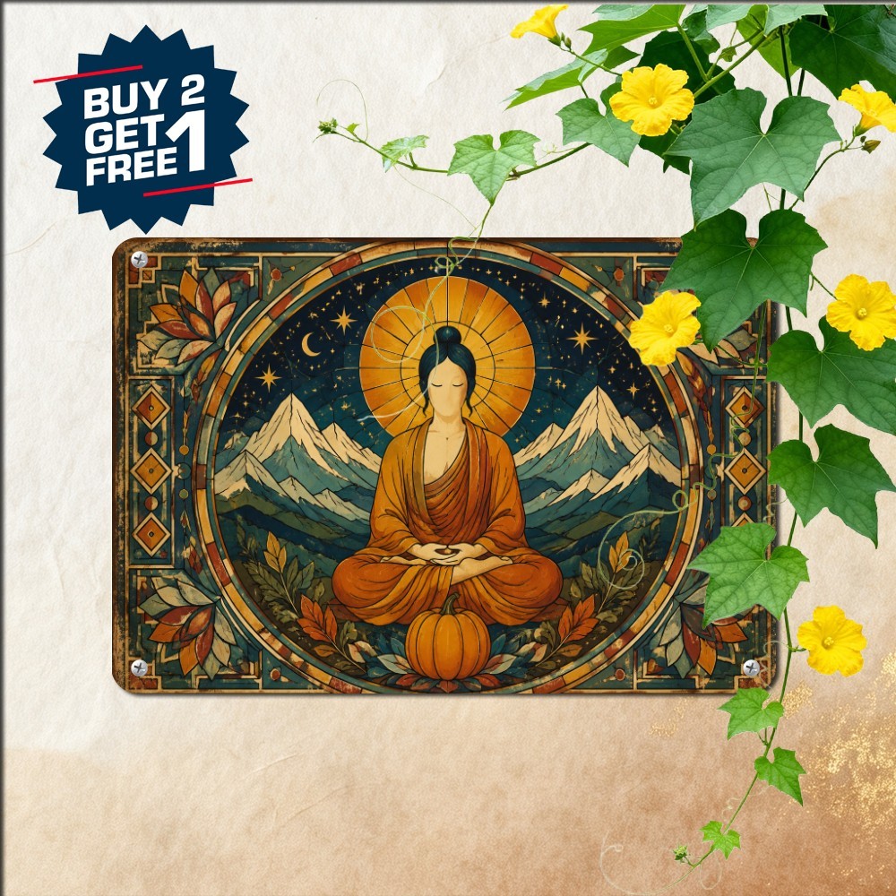 Peaceful Meditating Monk Scenic Garden Retreat Artwork Plaque Metal Tin Sign